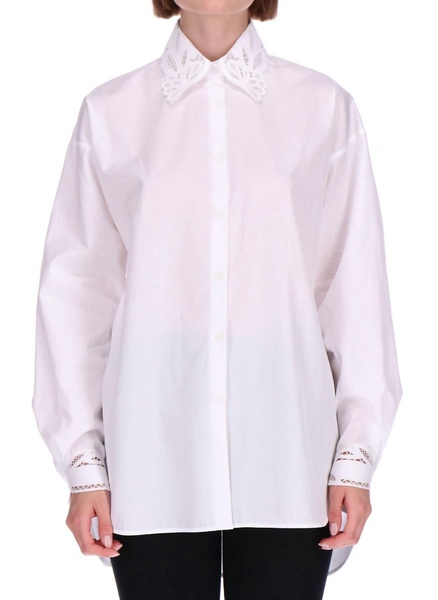 cotton poplin lace button down in white
