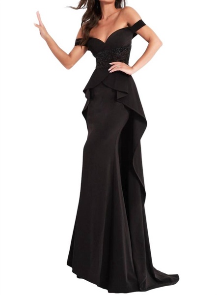off shoulder embellished dress with overskirt in black