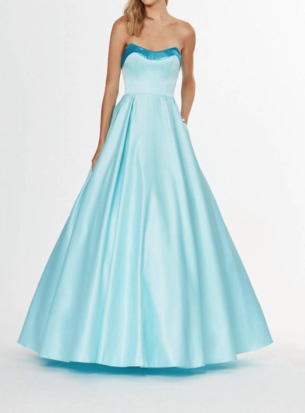 strapless satin ballgown in bahama breeze