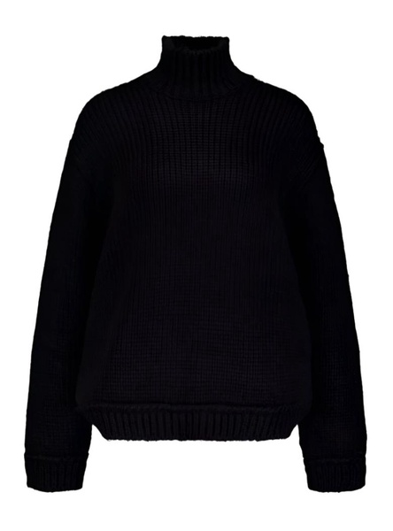 womens roll neck knitted wool sweater in black