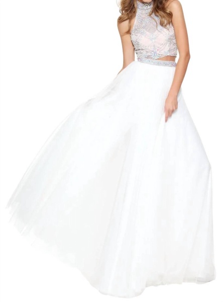 beaded halter tulle skirt gown in ivory