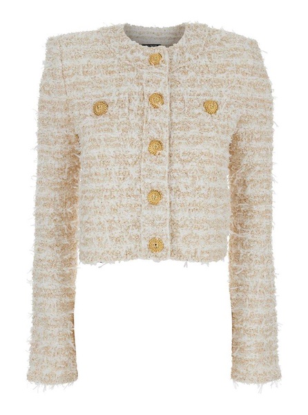 White Crewneck Cardigan with Jewel Buttons in Tech Fabric Woman