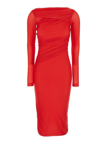 Red Long Dress with Ruffles and Boat Neckline in Tech Fabric Woman