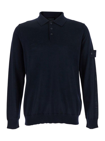 Stone Island Blue Polo Shirt With Removable Compass Logo Applied On The Sleeve In Virgin Wool Man