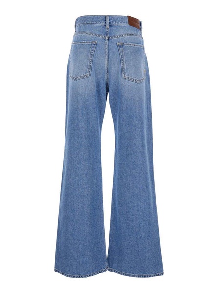 'Wanda' Blue High Waisted Jeans with Ripped Detail on the Front and Logo Patch on the Rear in Denim Woman