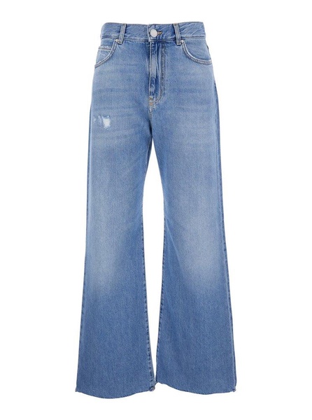 'Wanda' Blue High Waisted Jeans with Ripped Detail on the Front and Logo Patch on the Rear in Denim Woman