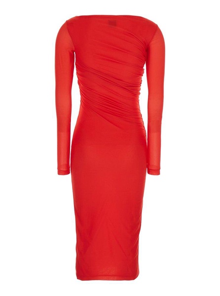 Red Long Dress with Ruffles and Boat Neckline in Tech Fabric Woman