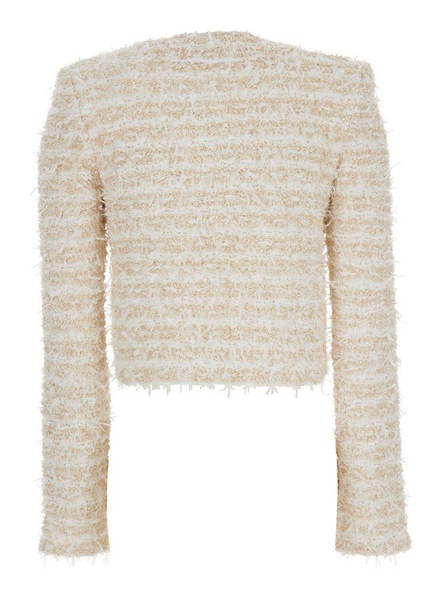 White Crewneck Cardigan with Jewel Buttons in Tech Fabric Woman