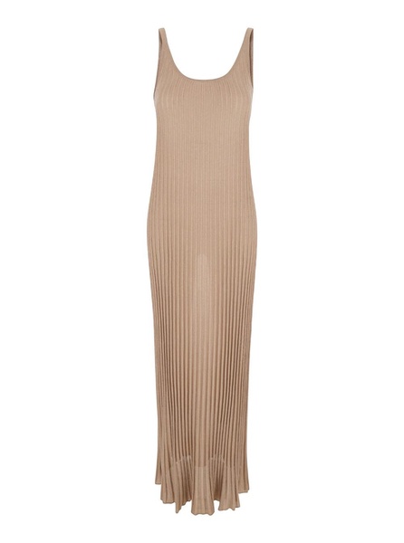 Long Beige Ribbed Dress with U Neckline in Lurex Woman