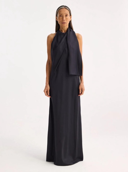 Blue Long Dress with Halterneck and Scarf Detail in Silk Woman
