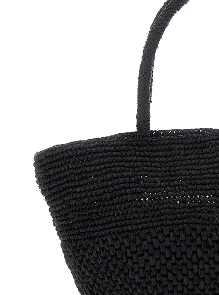 'Emilie' Black Tote Bag with Two Top Handles and Interwoven Design in Raphia Woman