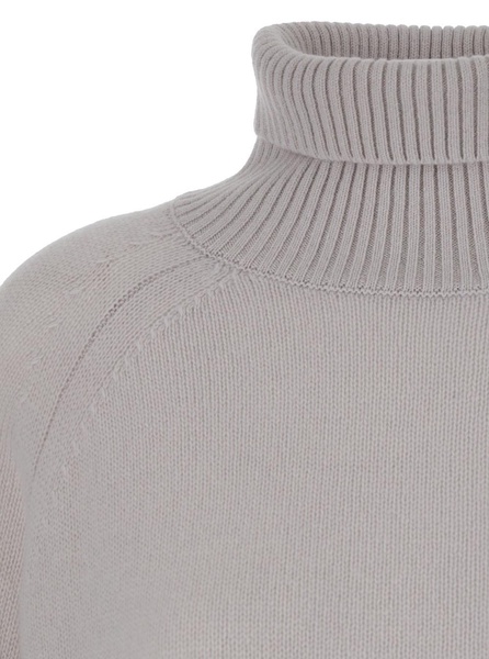 Grey High Neck Sweater with Ribbed Trim in Cashmere Woman