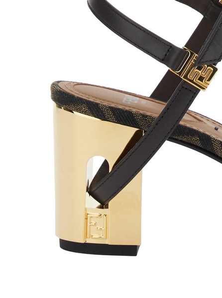 'Delfina' Brown Sandals with All-Over FF Motif and Block Heel in Leather and Fabric Woman