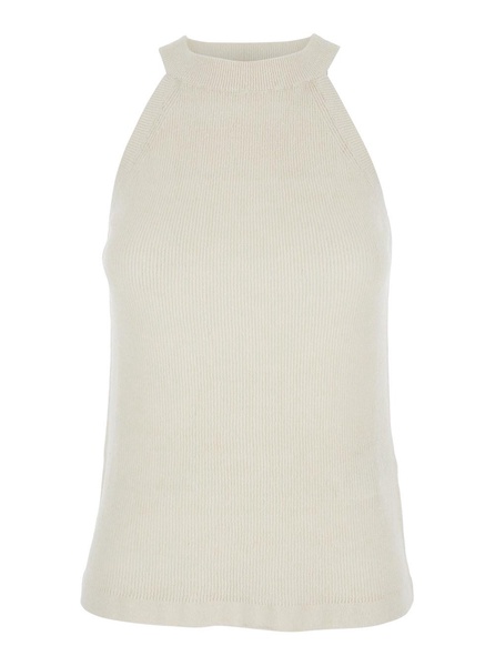 'Lolli' White Sleeveless Top with High Neck in SIlk Blend Woman