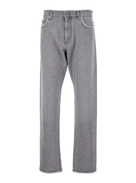 Grey Washed Jeans with High Waist and Logo Patch in Denim Man