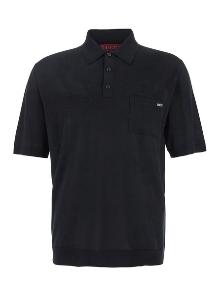 Gucci Black Polo Shirt With Chest Pocket And Embroidered Logo On The Front In Fine Silk Knit Man