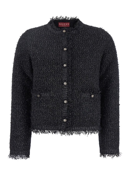 Black Crewneck Jacket with Double G Logo Buttons in Tech Fabric Woman