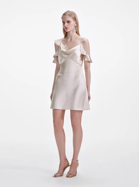 Beige Off-Shoulder Mini Dress with Ruched Details in Tech Fabric Woman