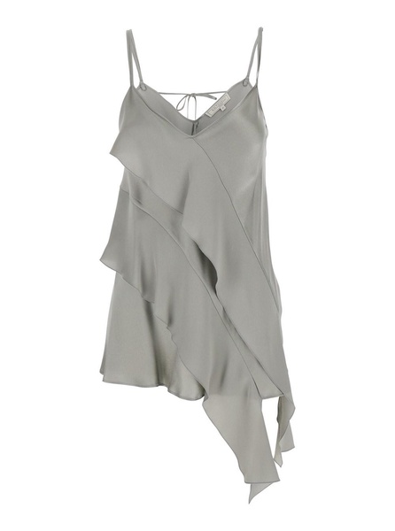 'Danimarca' Gray Top with Adjustable Spaghetti Straps and Front Asymmetric Ruffle in Satin Woman