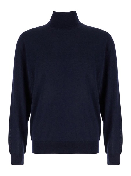 Blue Turtleneck Sweater in Merino Wool and Silk Blend Man