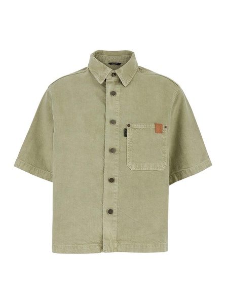 'Olive' Green Shirt with Classic Collar in Cotton and Linen Blend Woman
