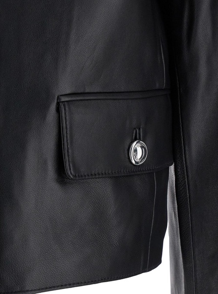 Black Cropped Jacket with Shoulder Pads in Leather Woman