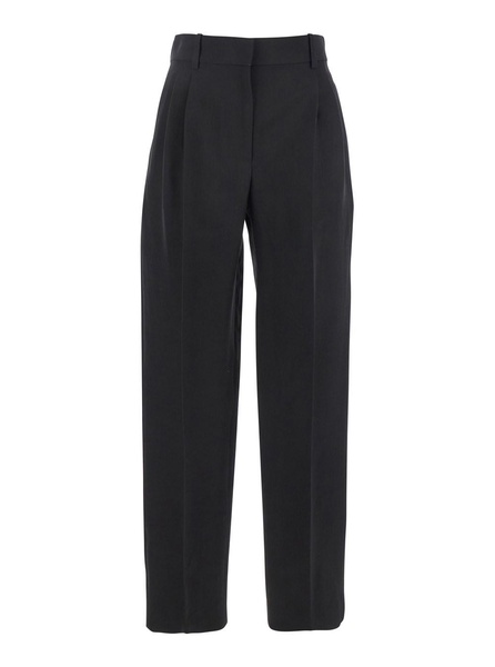 'Lilas' Black Pants with Belt Loops and Pences in Wool and Linen Blend Woman