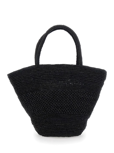 'Emilie' Black Tote Bag with Two Top Handles and Interwoven Design in Raphia Woman