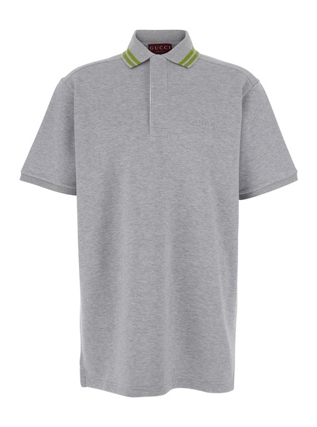 Gucci Grey Polo Shirt With Striped Collar And Tone-On-Tone Embroidered Logo On The Front In Cotton Man