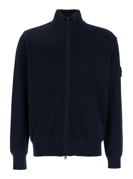Blue Cardigan with Removable Compass Logo Applied on the Sleeve in Ribbed Cotton Man