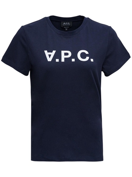 Blue Cotton T-Shirt with Logo Print in Cotton Woman