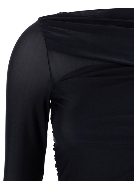 Black Long Dress with Ruffles and Boat Neckline in Tech Fabric Woman