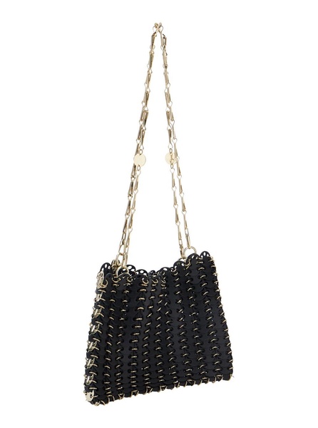 Black Shoulder Bag with Two Chain-Link Shoulder Straps and Logo Engraved Discs in Leather Woman