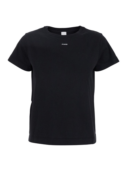 Black Crewneck T-Shirt with Logo Lettering on the Front in Cotton Woman