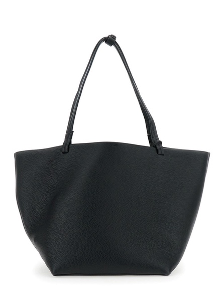 'Park Tote Three' Black Shopper with Flat Handles and Internal Clutch in Hammered Leather Woman
