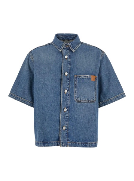 'Olive' Blue Crop Shirt with Patch Pocket on the Chest in Denim Woman
