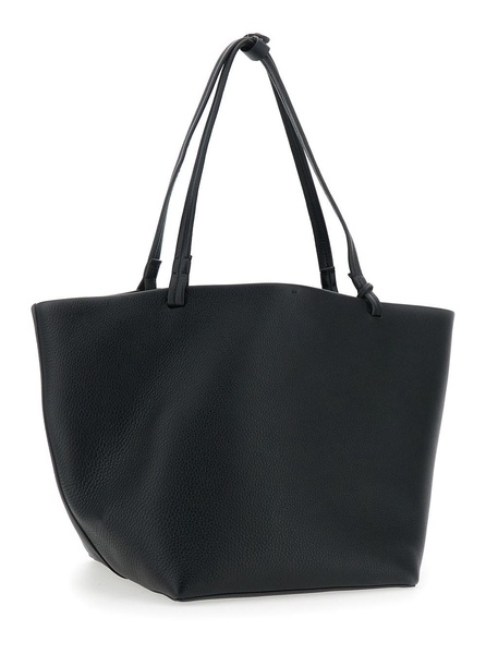 'Park Tote Three' Black Shopper with Flat Handles and Internal Clutch in Hammered Leather Woman