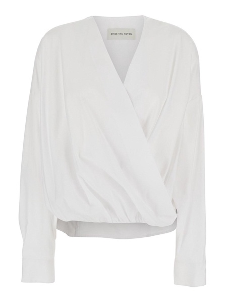 White Shirt with Draping and V-Neck in Cotton Poplin Woman