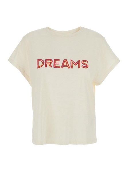 White Crewneck T-Shirt with Print on the Front in Cotton Woman
