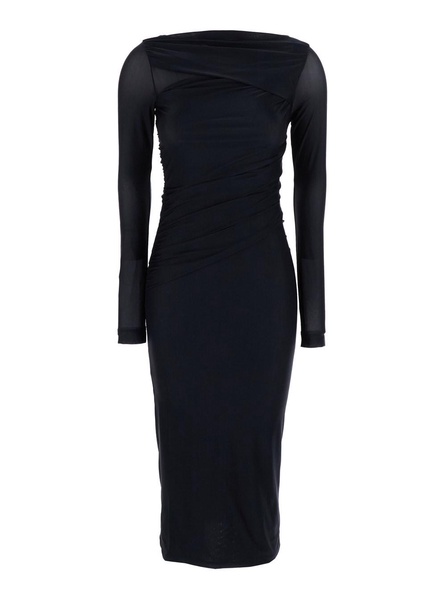 Black Long Dress with Ruffles and Boat Neckline in Tech Fabric Woman