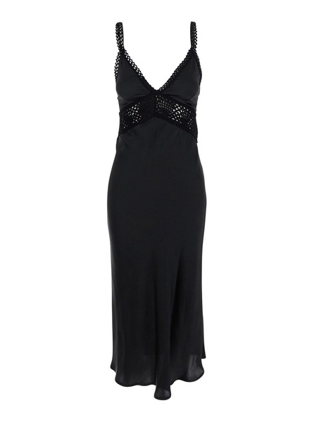 'Jacinta' Black Long Dress with Thin Straps and Crochet Inserts in Silk and Acetate Blend Woman