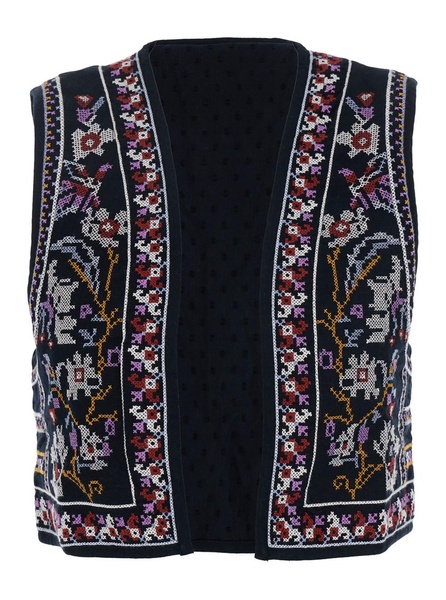 'Coco' Black Sleeveless Vest with All-Over Embroidery in Cotton Woman