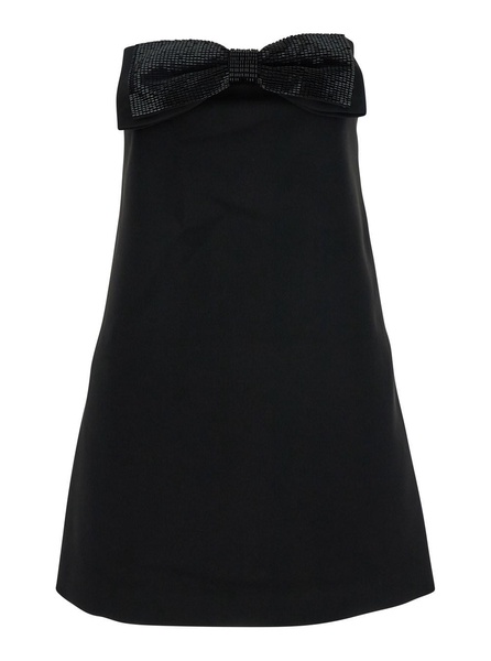 Black Sleeveless Mini Dress with Bandeau and Beaded Oversize Bow in Tech Fabric Woman