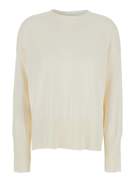 White Crewneck Sweater with Ribbed Trims in Cotton Woman