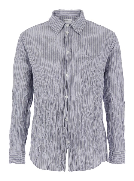 Light Blue Shirt with All-Over Striped Motif and Crinkled Effect in Cotton Man