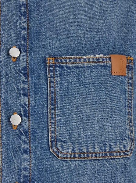'Olive' Blue Crop Shirt with Patch Pocket on the Chest in Denim Woman