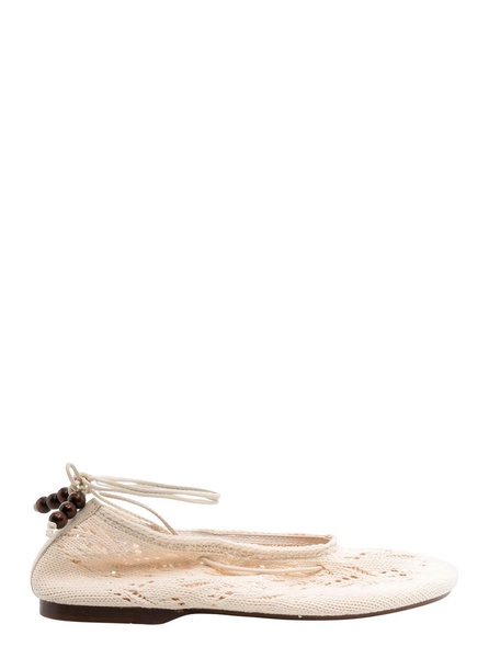 'Rosemary' White Ballet Flats with Embroidered Design Ankle Knot Closure in Cotton Crochet Woman