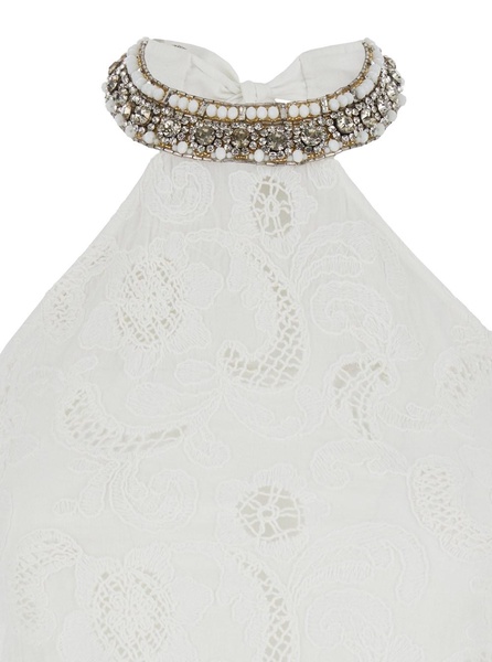 'Isabel' White Long Dress with Halterneck and All-Over Embroidery in Cotton Woman