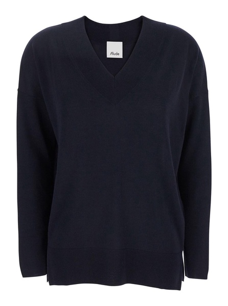Blue Sweater with V Neck in Wool Woman