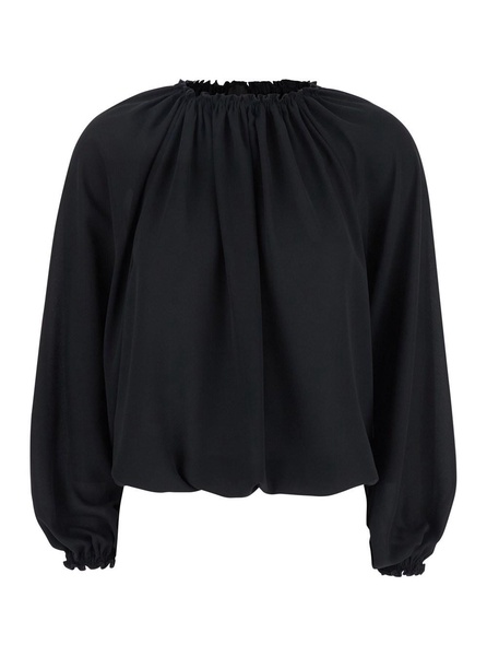 Black Top with Dropped Shoulders and Curlsin Fabric Woman